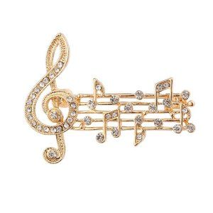 Brooch Music Notes Rhinestones Gold Sparkle Stylish Muscial Band Glam Instrument